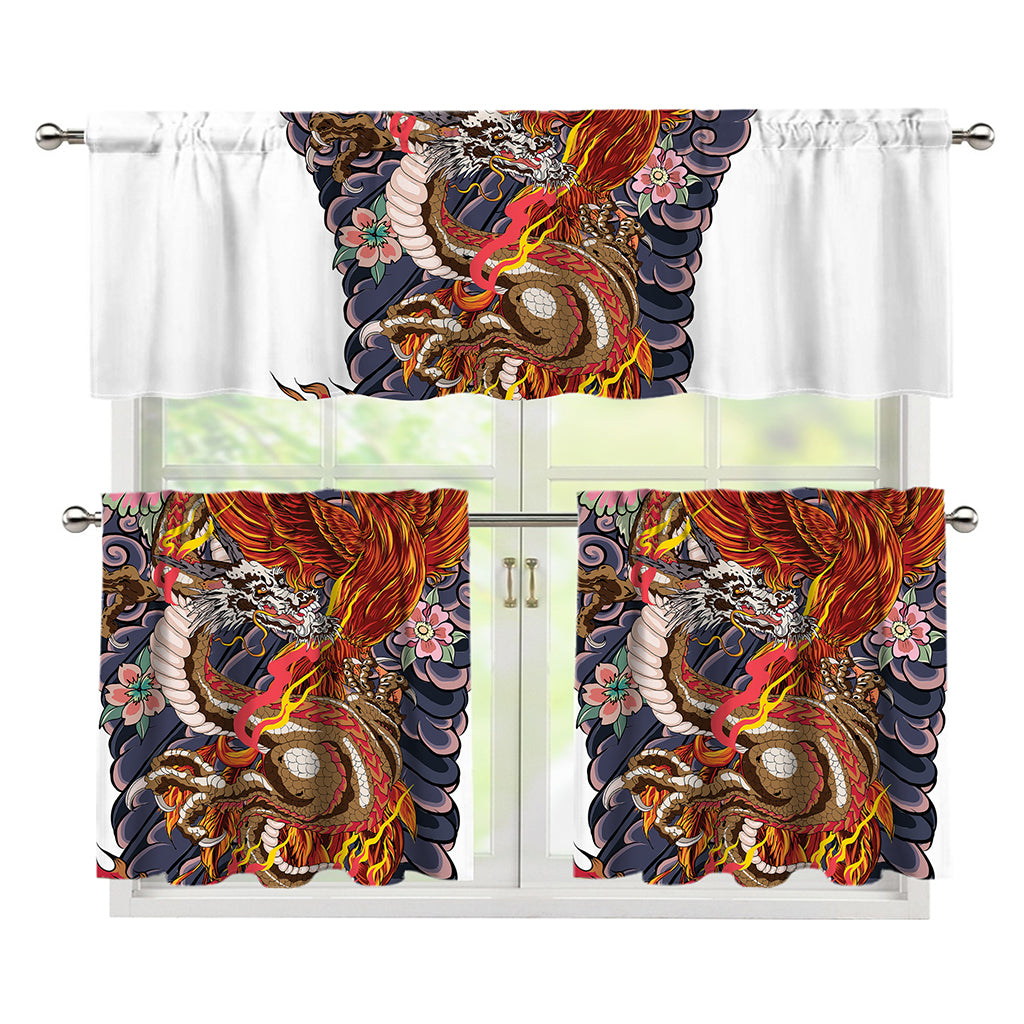 Japanese Dragon And Phoenix Tattoo Print 3 Piece Kitchen Curtains