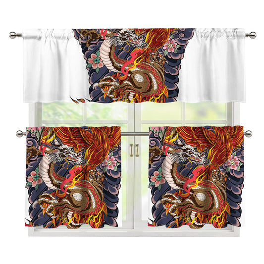 Japanese Dragon And Phoenix Tattoo Print 3 Piece Kitchen Curtains