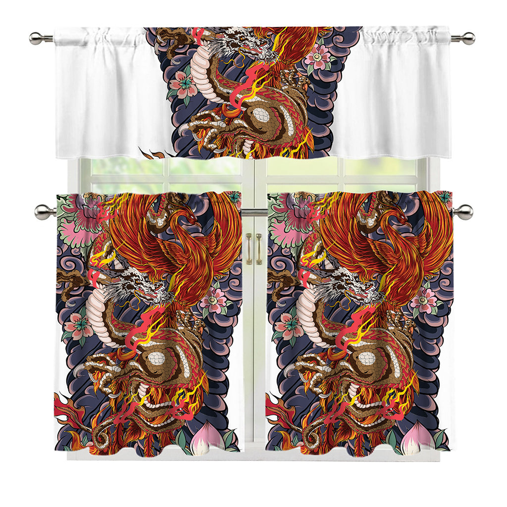Japanese Dragon And Phoenix Tattoo Print 3 Piece Kitchen Curtains