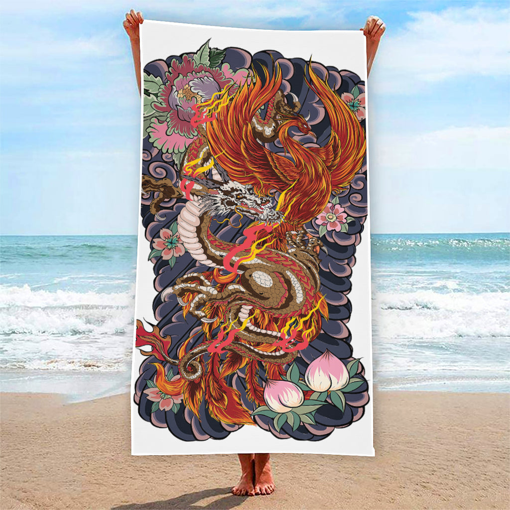 Japanese Dragon And Phoenix Tattoo Print Beach Towel