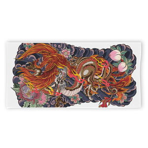 Japanese Dragon And Phoenix Tattoo Print Beach Towel