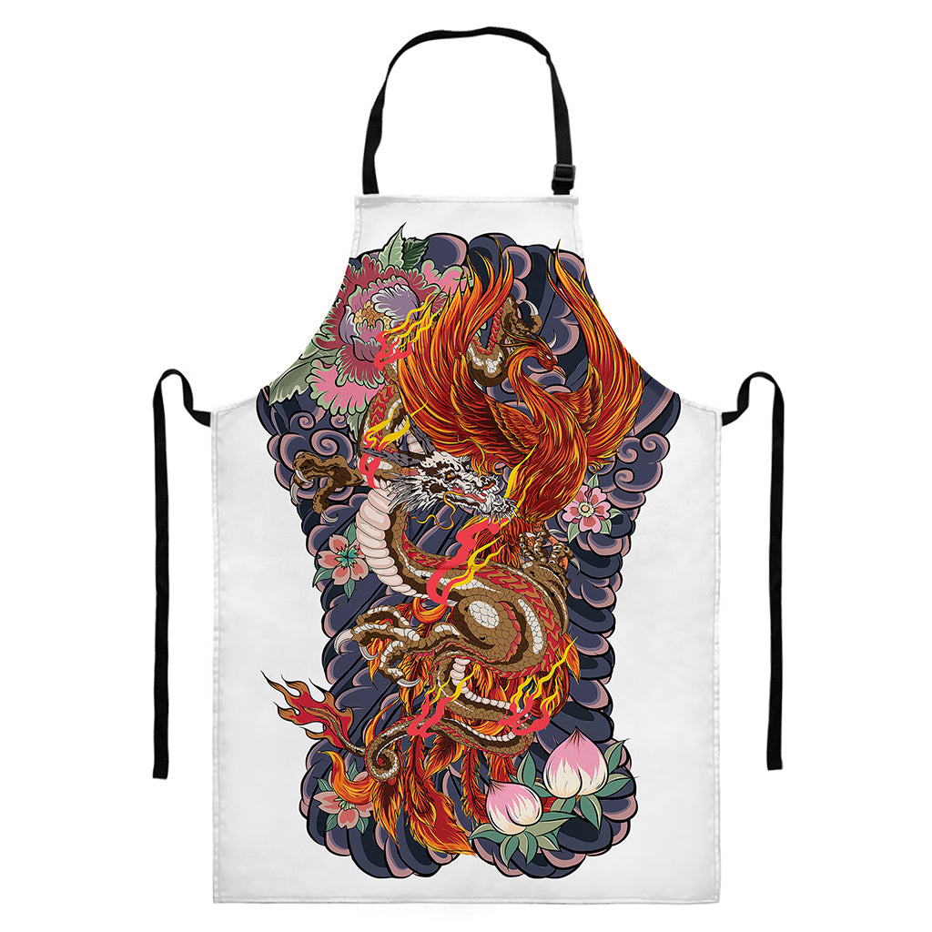 Japanese Dragon And Phoenix Tattoo Print Bib Apron With Pocket