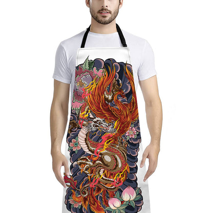 Japanese Dragon And Phoenix Tattoo Print Bib Apron With Pocket