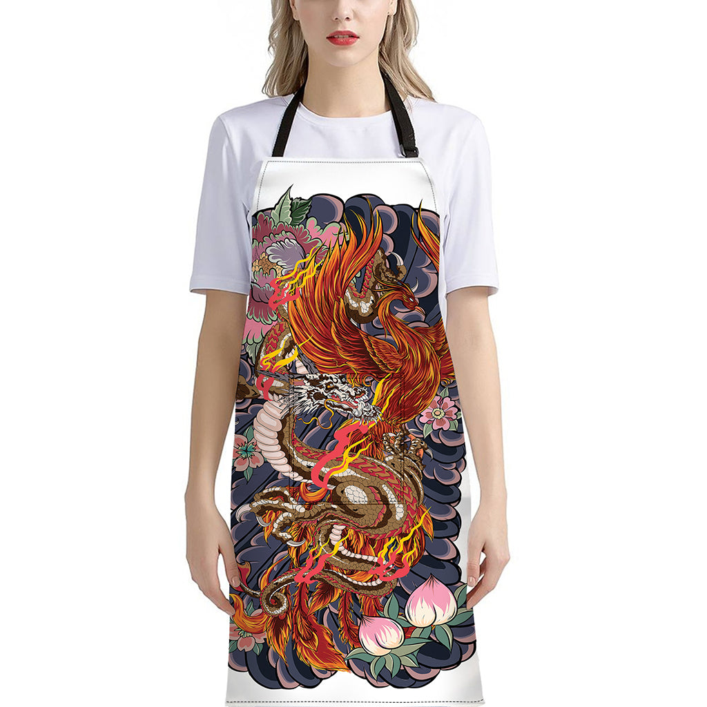 Japanese Dragon And Phoenix Tattoo Print Bib Apron With Pocket