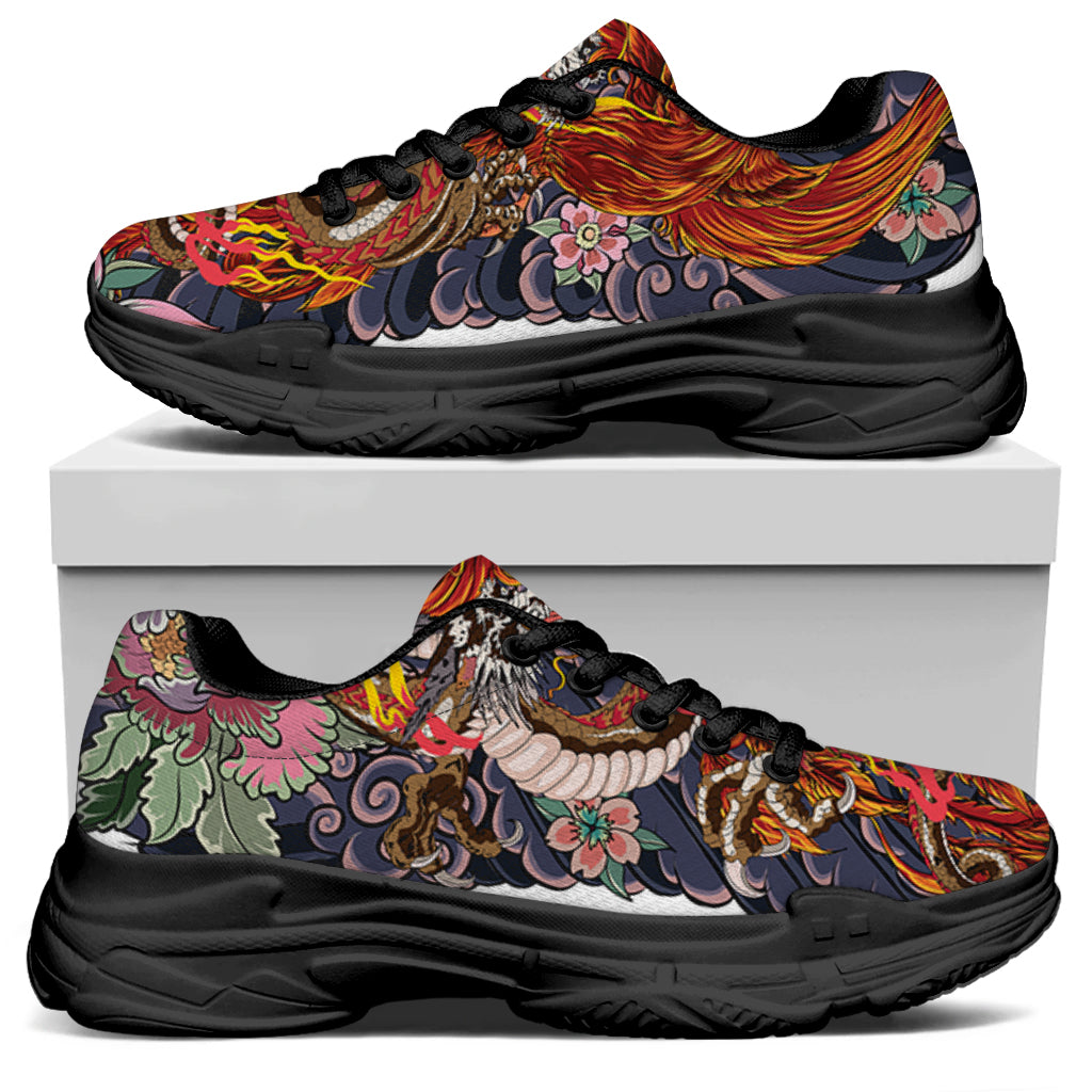 Japanese Dragon And Phoenix Tattoo Print Black Chunky Shoes