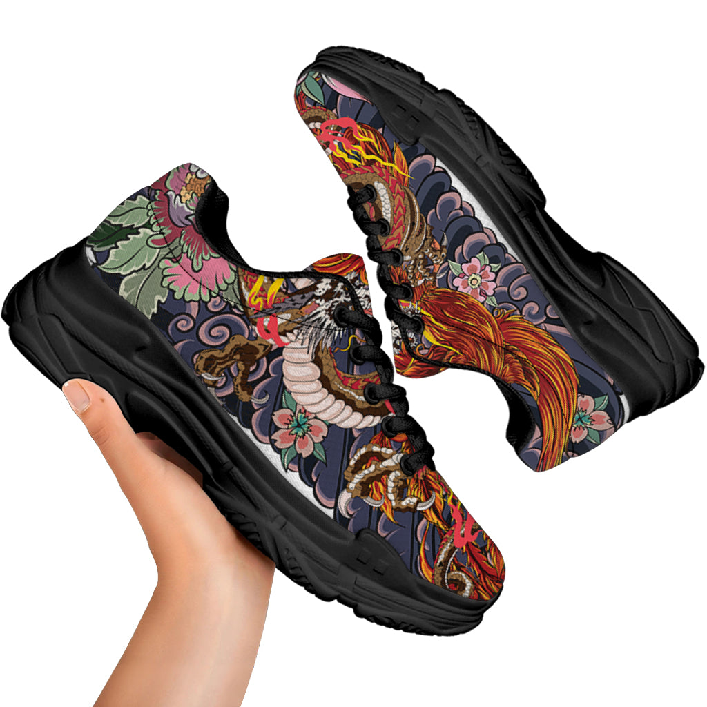 Japanese Dragon And Phoenix Tattoo Print Black Chunky Shoes