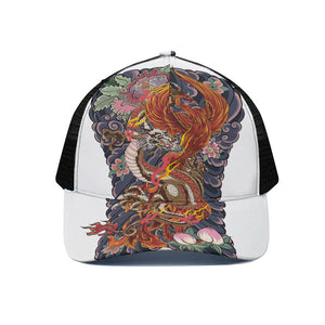 Japanese Dragon And Phoenix Tattoo Print Black Mesh Trucker Cap