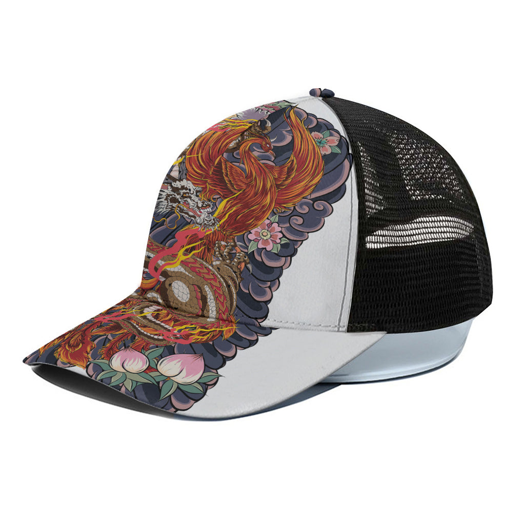 Japanese Dragon And Phoenix Tattoo Print Black Mesh Trucker Cap