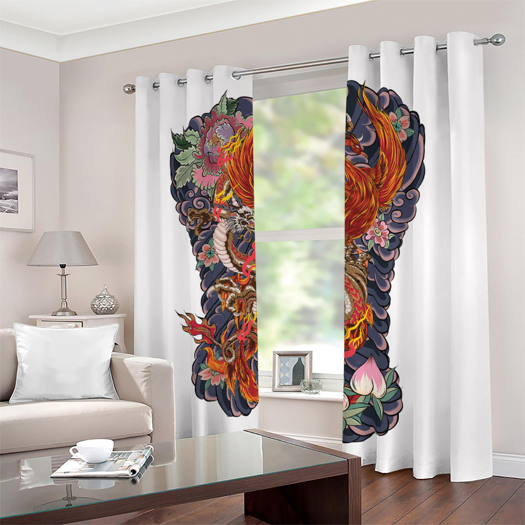 Japanese Dragon And Phoenix Tattoo Print Blackout Grommet Curtains