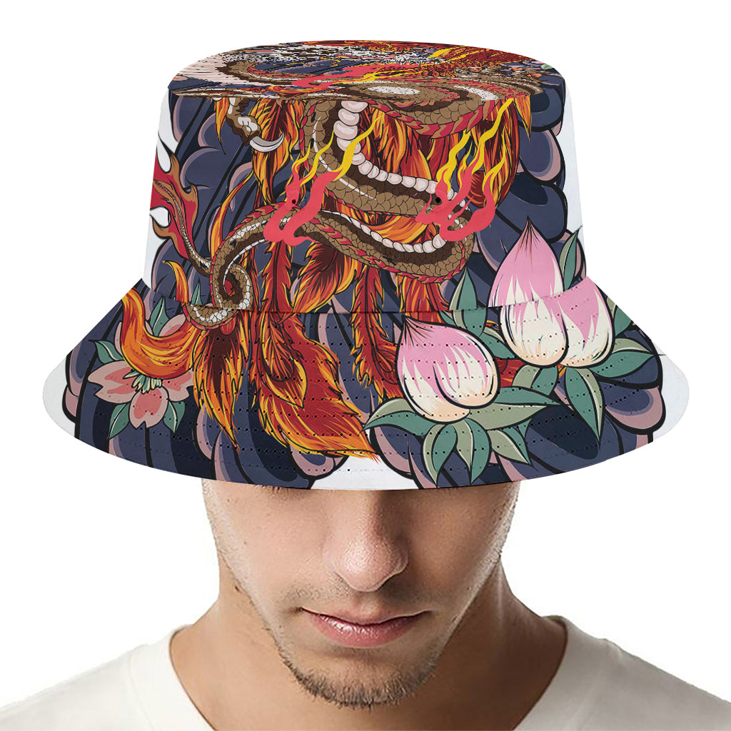 Japanese Dragon And Phoenix Tattoo Print Bucket Hat