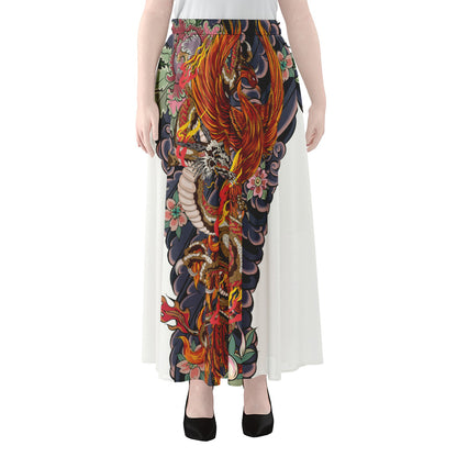 Japanese Dragon And Phoenix Tattoo Print Chiffon Maxi Skirt