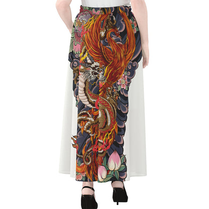 Japanese Dragon And Phoenix Tattoo Print Chiffon Maxi Skirt