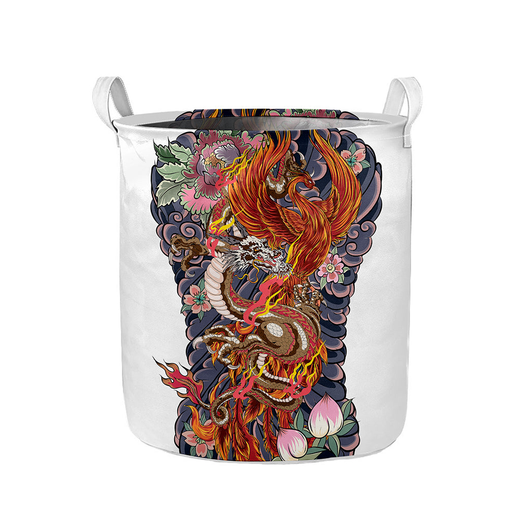 Japanese Dragon And Phoenix Tattoo Print Collapsible Laundry Basket
