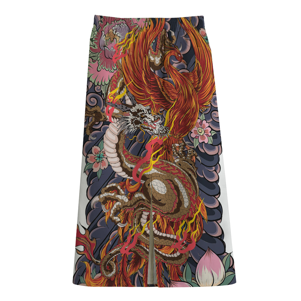 Japanese Dragon And Phoenix Tattoo Print Cotton Front Slit Maxi Skirt