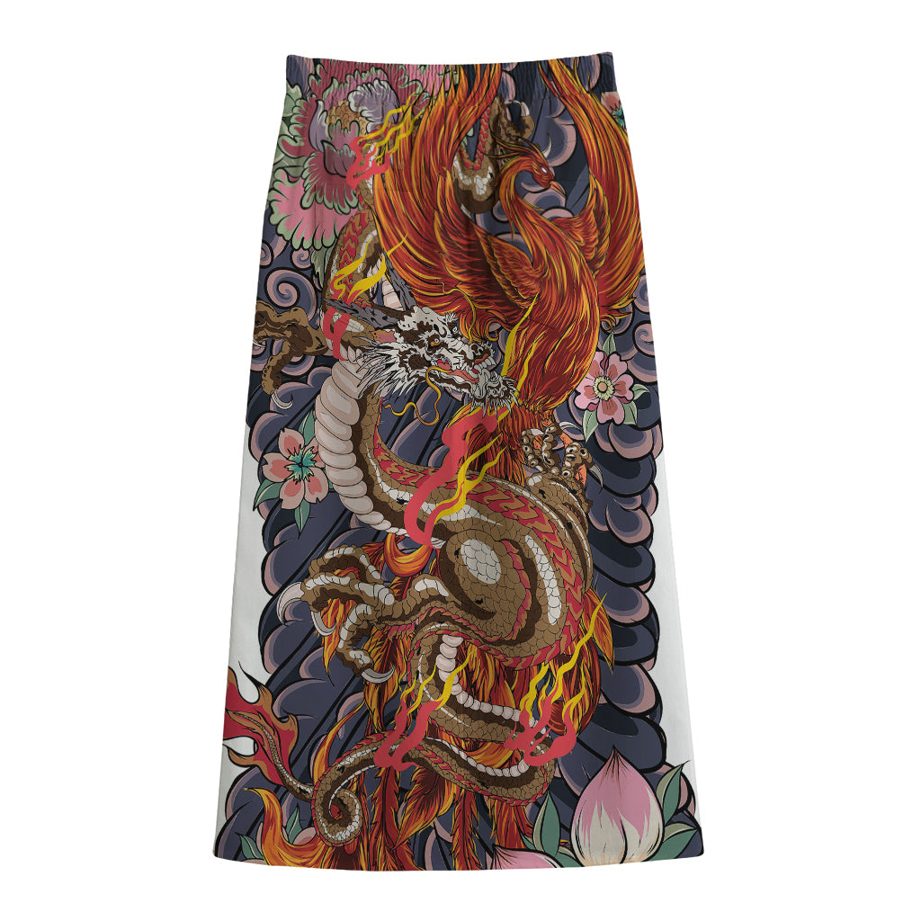 Japanese Dragon And Phoenix Tattoo Print Cotton Front Slit Maxi Skirt
