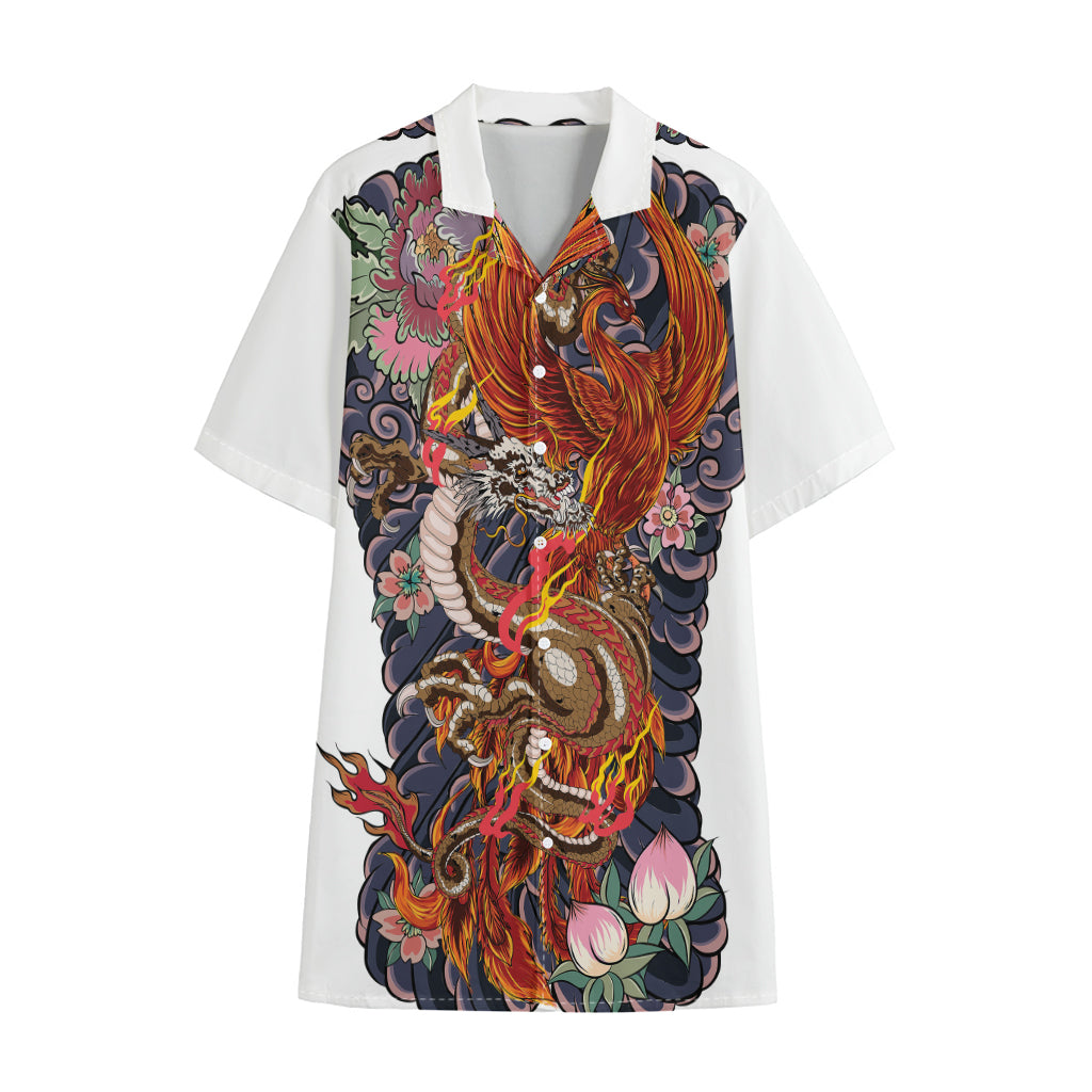 Japanese Dragon And Phoenix Tattoo Print Cotton Hawaiian Shirt