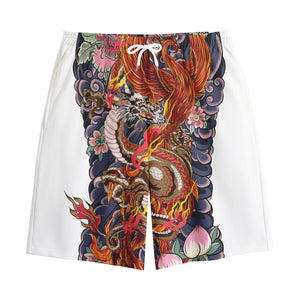 Japanese Dragon And Phoenix Tattoo Print Cotton Shorts