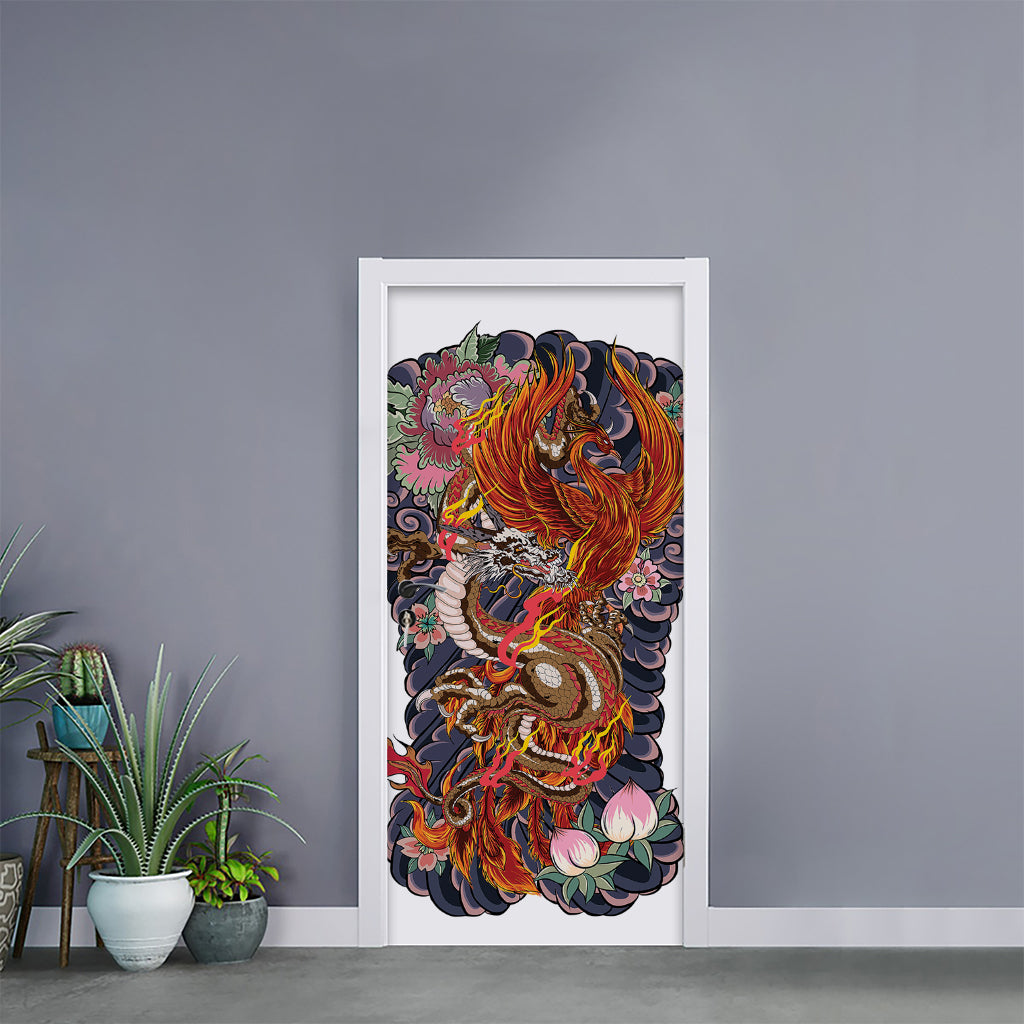 Japanese Dragon And Phoenix Tattoo Print Door Sticker