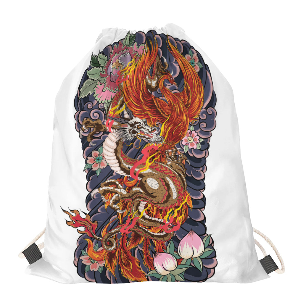 Japanese Dragon And Phoenix Tattoo Print Drawstring Bag