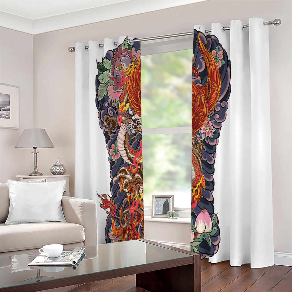 Japanese Dragon And Phoenix Tattoo Print Extra Wide Grommet Curtains