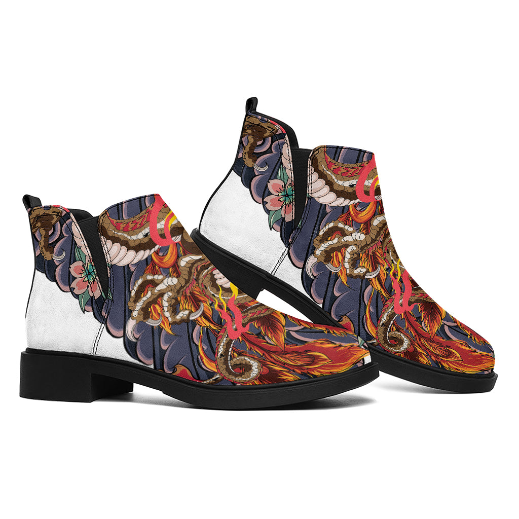 Japanese Dragon And Phoenix Tattoo Print Flat Ankle Boots