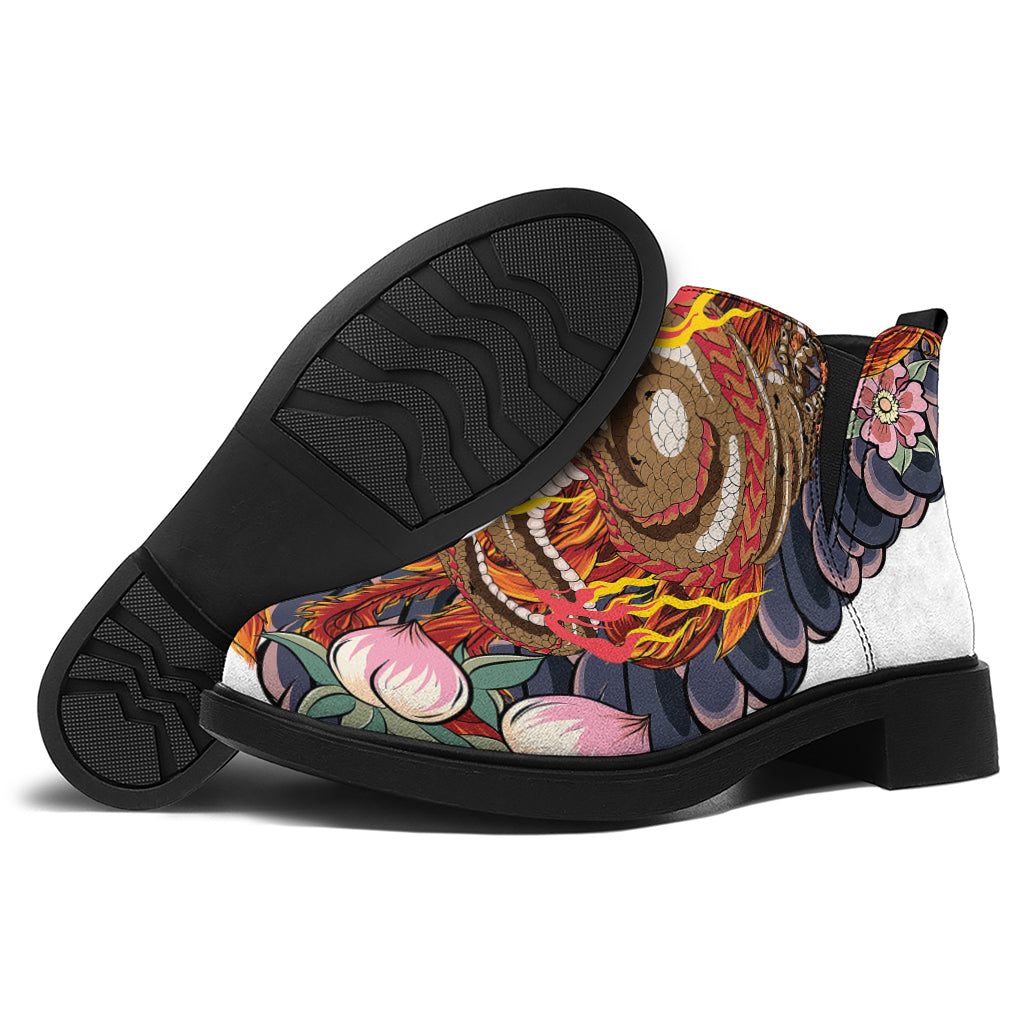 Japanese Dragon And Phoenix Tattoo Print Flat Ankle Boots