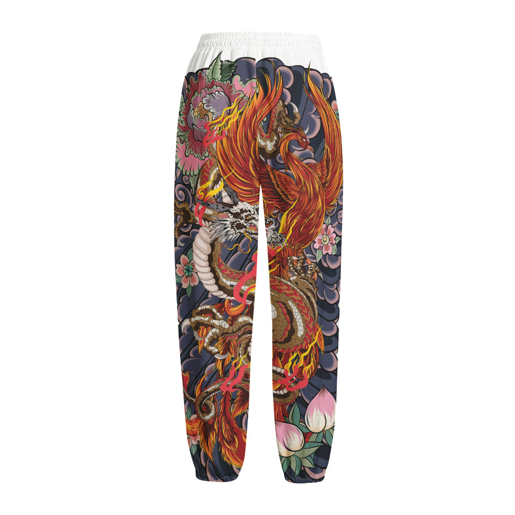 Japanese Dragon And Phoenix Tattoo Print Fleece Lined Knit Pants