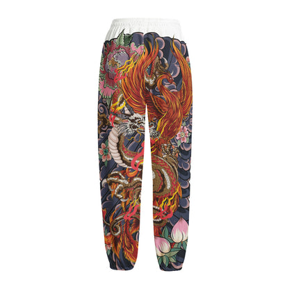 Japanese Dragon And Phoenix Tattoo Print Fleece Lined Knit Pants