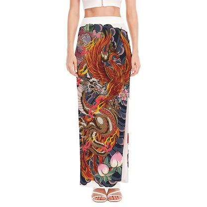 Japanese Dragon And Phoenix Tattoo Print High Slit Maxi Skirt