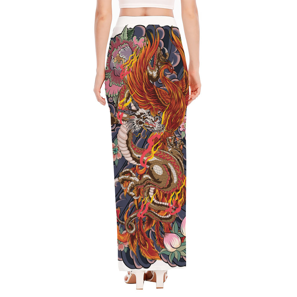 Japanese Dragon And Phoenix Tattoo Print High Slit Maxi Skirt