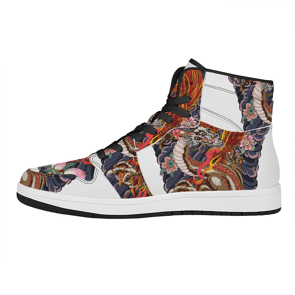 Japanese Dragon And Phoenix Tattoo Print High Top Leather Sneakers