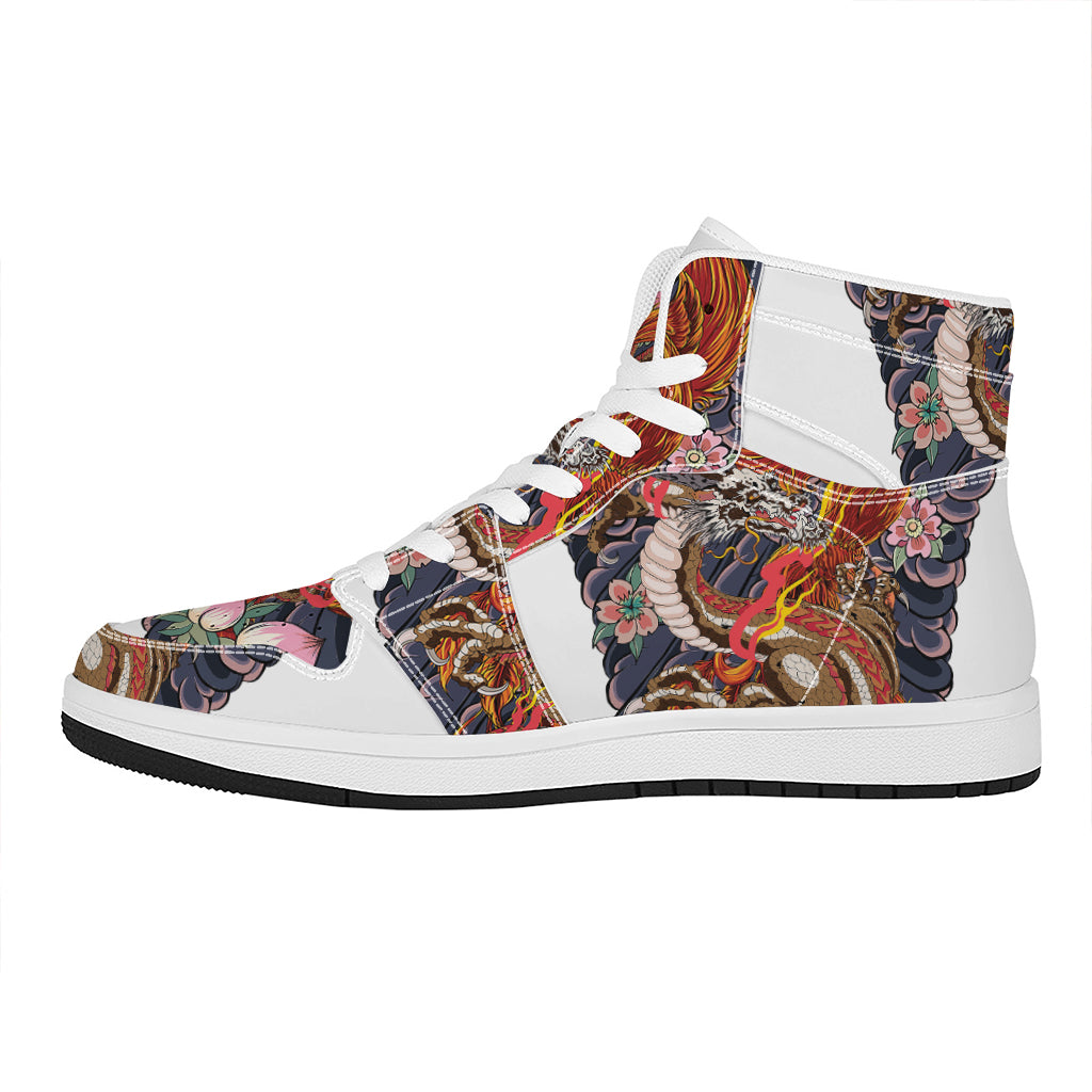 Japanese Dragon And Phoenix Tattoo Print High Top Leather Sneakers