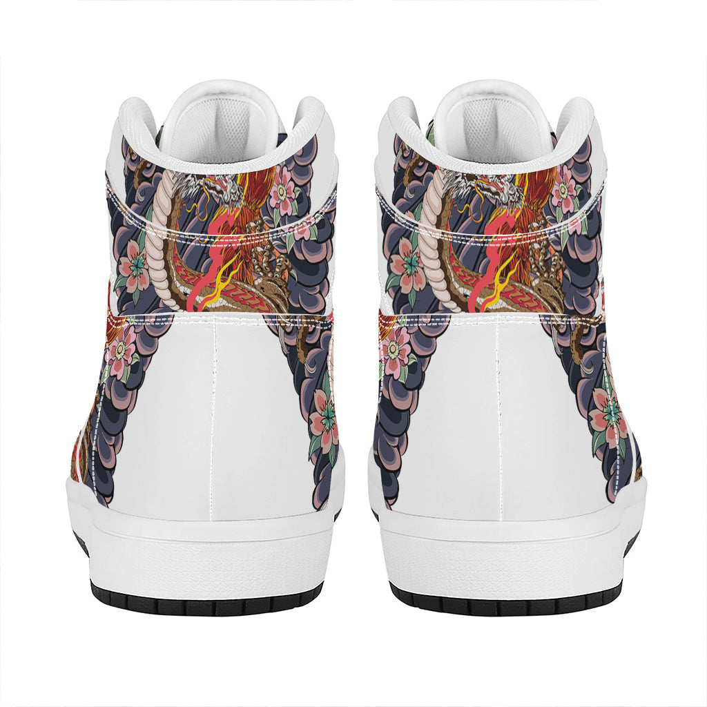 Japanese Dragon And Phoenix Tattoo Print High Top Leather Sneakers