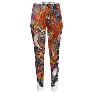 Japanese Dragon And Phoenix Tattoo Print High-Waisted Pocket Leggings