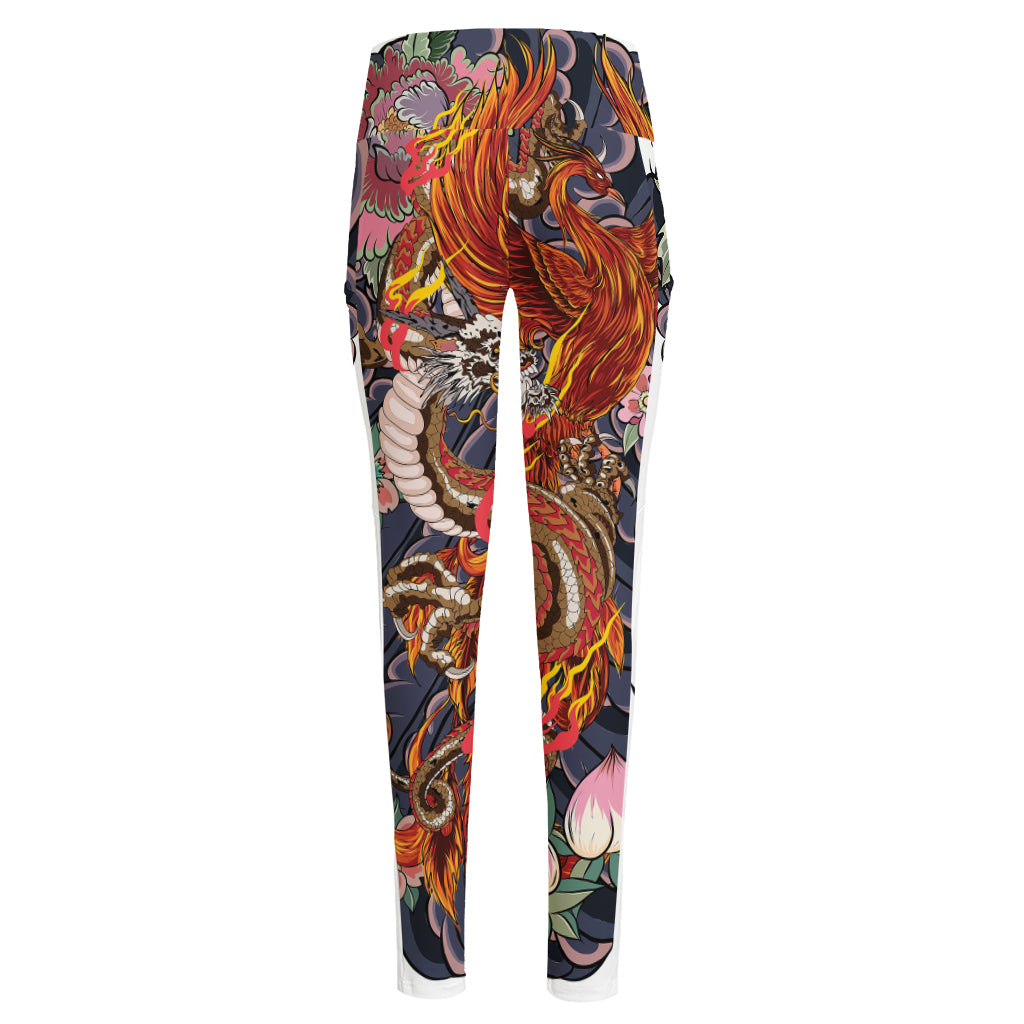 Japanese Dragon And Phoenix Tattoo Print High-Waisted Pocket Leggings