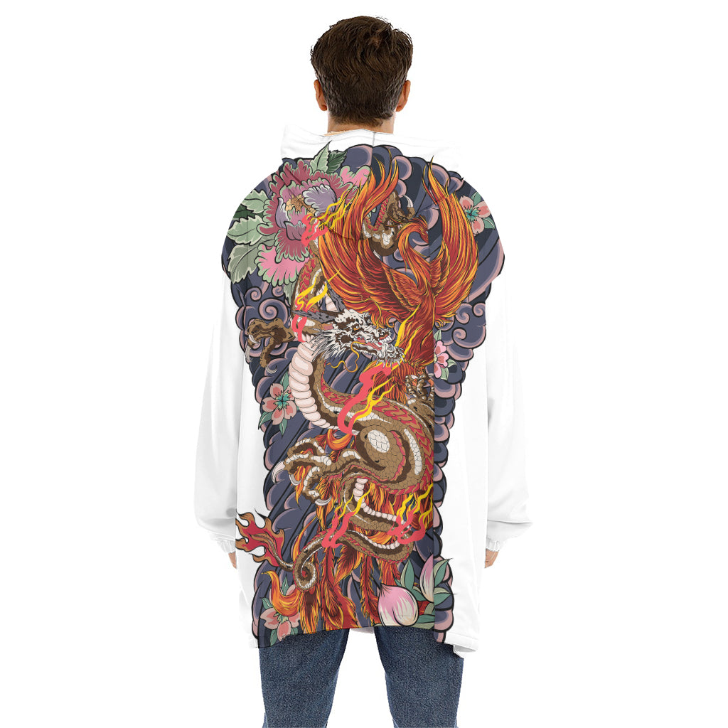 Japanese Dragon And Phoenix Tattoo Print Hoodie Blanket