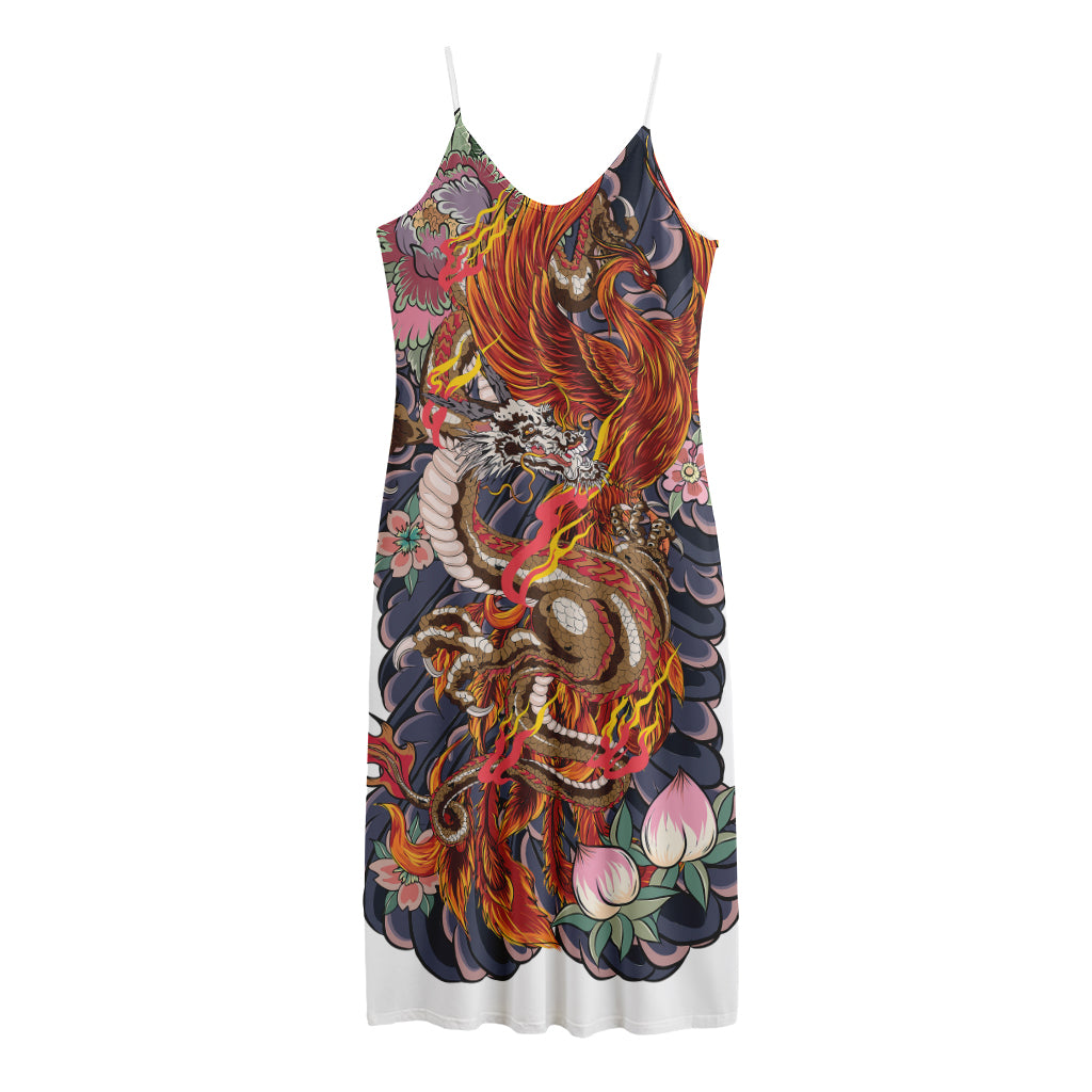 Japanese Dragon And Phoenix Tattoo Print Jersey Midi Cami Dress