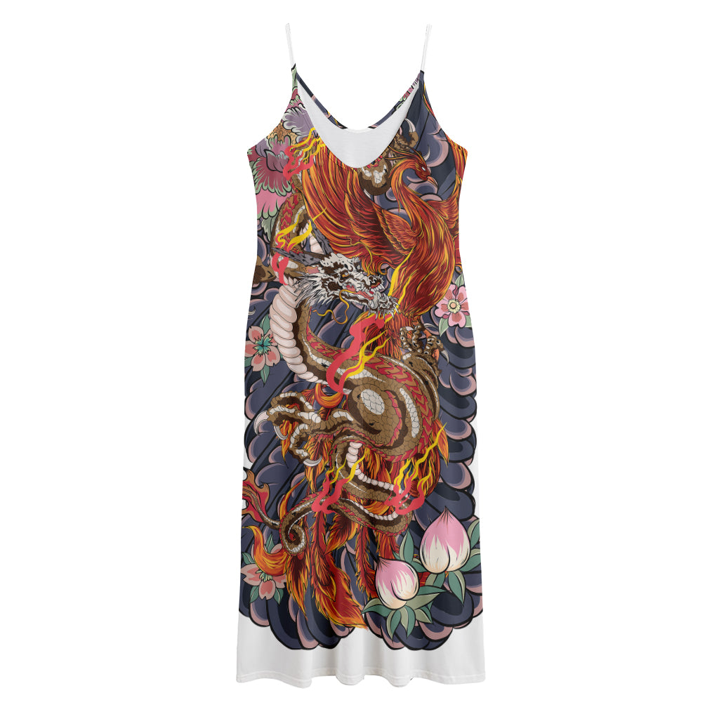 Japanese Dragon And Phoenix Tattoo Print Jersey Midi Cami Dress