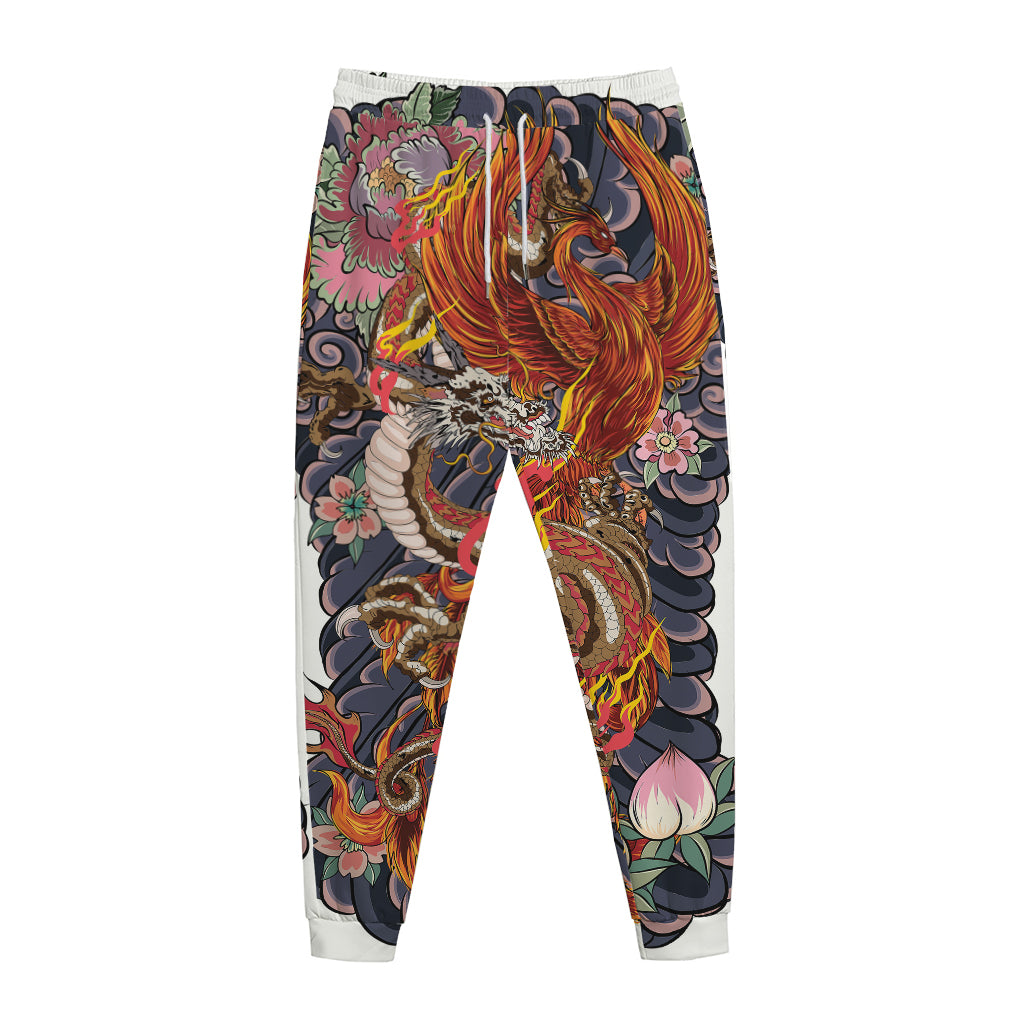 Japanese Dragon And Phoenix Tattoo Print Jogger Pants