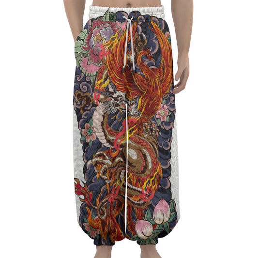 Japanese Dragon And Phoenix Tattoo Print Lantern Pants