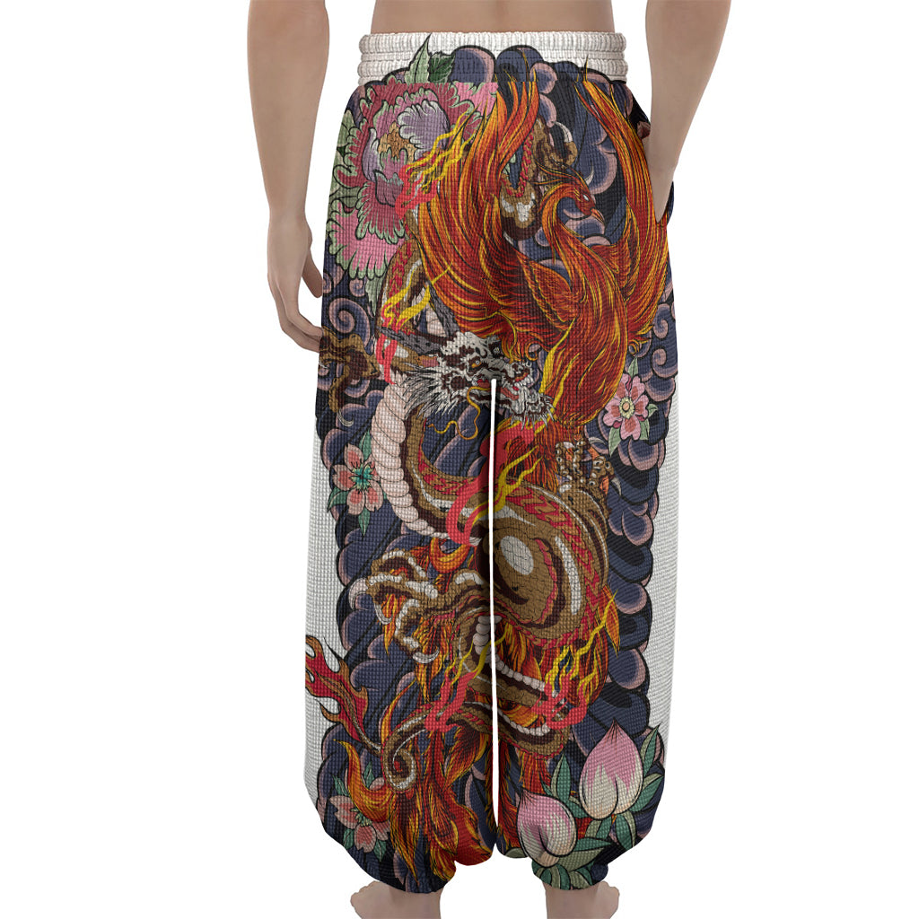 Japanese Dragon And Phoenix Tattoo Print Lantern Pants