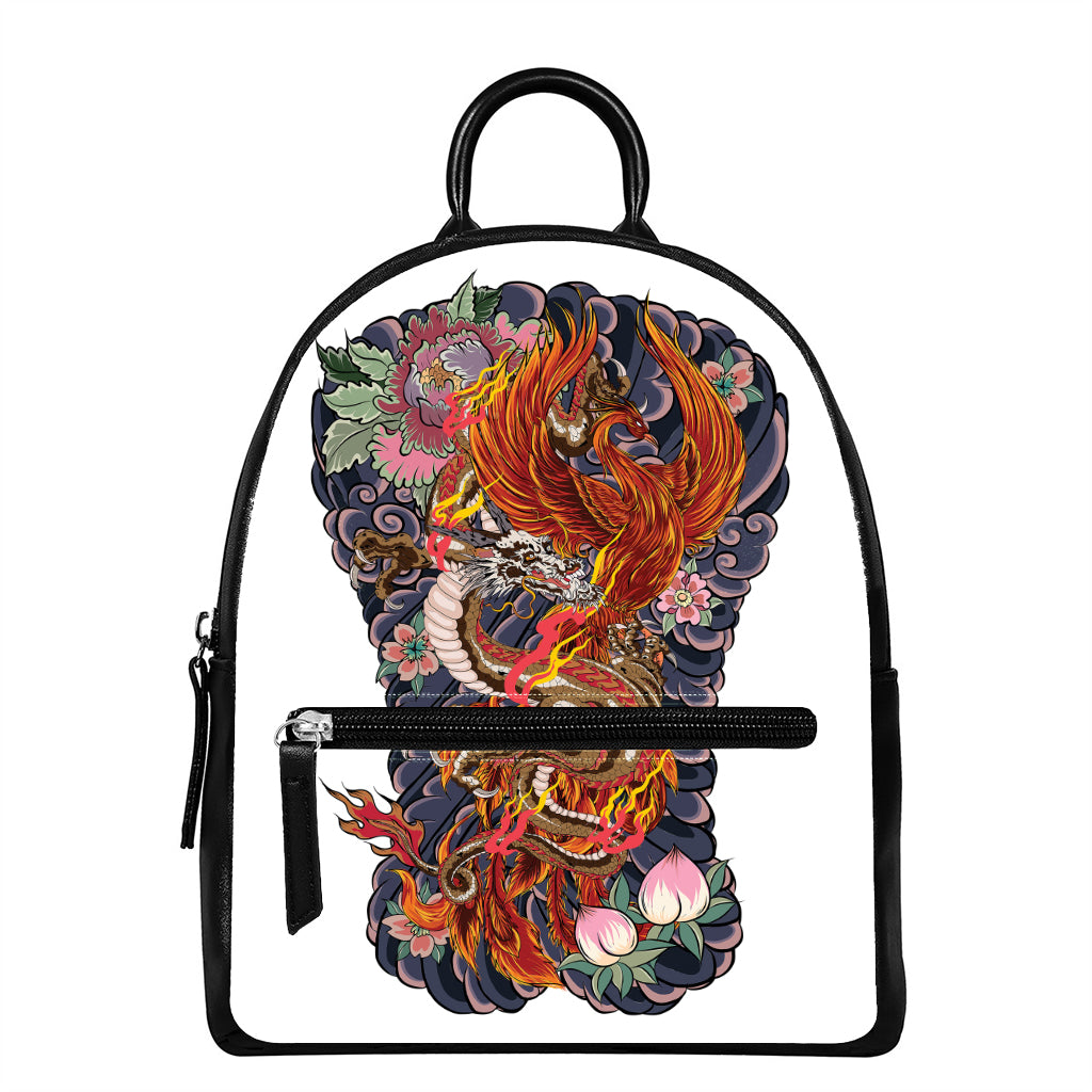 Japanese Dragon And Phoenix Tattoo Print Leather Backpack