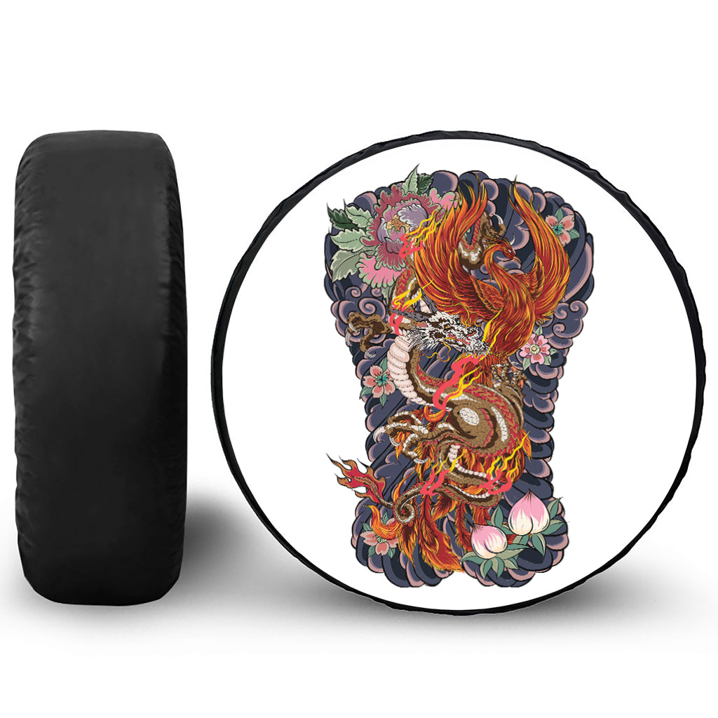 Japanese Dragon And Phoenix Tattoo Print Leather Spare Tire Cover