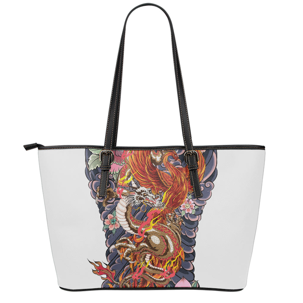 Japanese Dragon And Phoenix Tattoo Print Leather Tote Bag