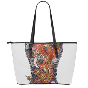 Japanese Dragon And Phoenix Tattoo Print Leather Tote Bag