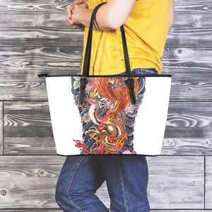 Japanese Dragon And Phoenix Tattoo Print Leather Tote Bag