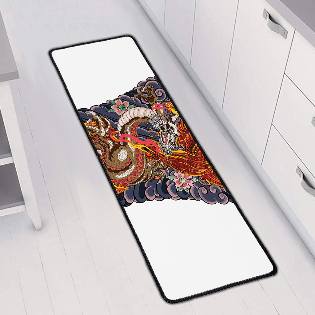 Japanese Dragon And Phoenix Tattoo Print Long Kitchen Mat