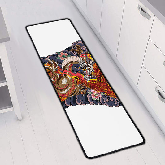 Japanese Dragon And Phoenix Tattoo Print Long Kitchen Mat