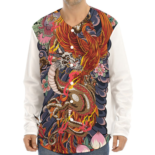Japanese Dragon And Phoenix Tattoo Print Long Sleeve Baseball Jersey