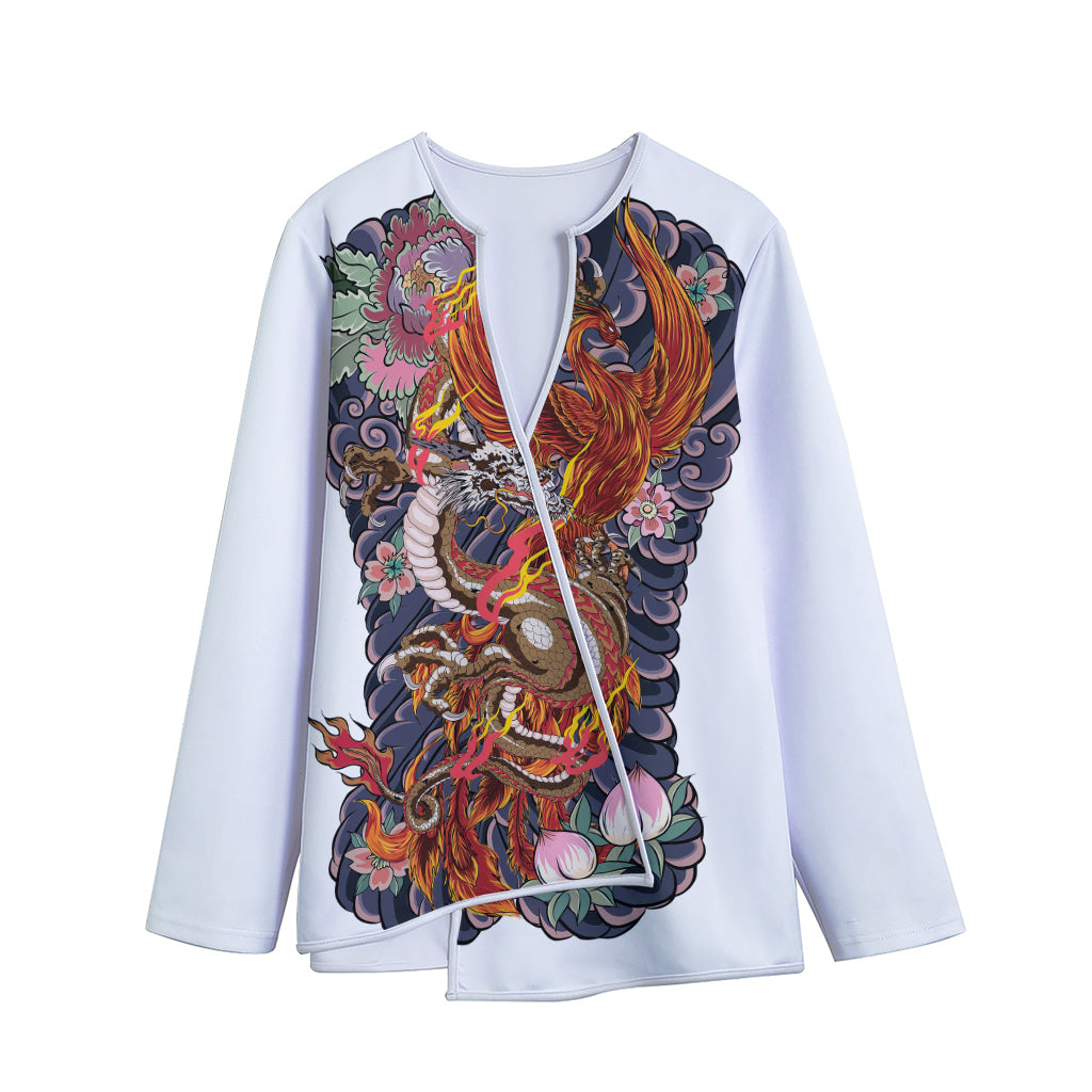 Japanese Dragon And Phoenix Tattoo Print Long Sleeve Short Coat